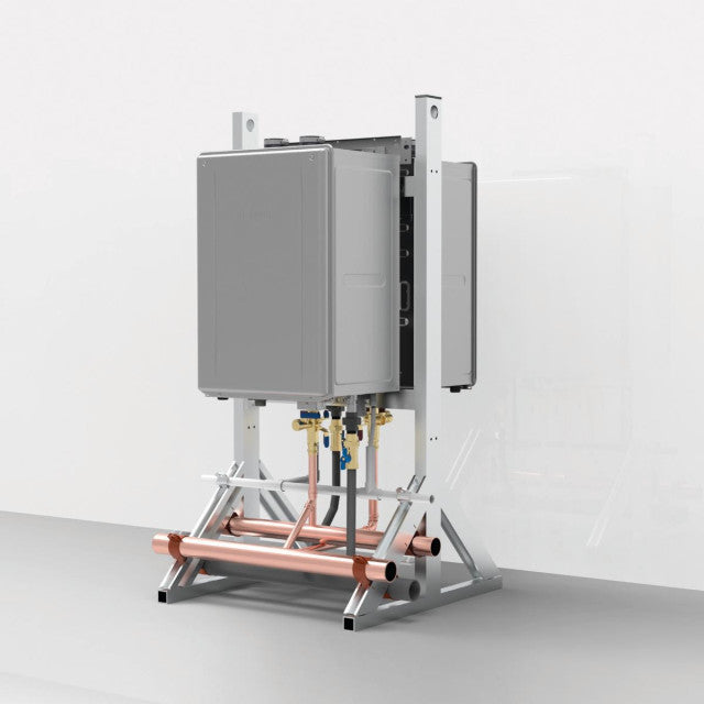 Stainless steel wall-mounted manifold kit with dual gray water heater units, copper piping, and metal support frame with moun