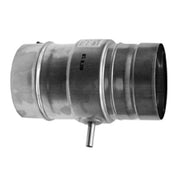 Stainless steel drain tee fitting with 5-inch diameter pipe connections and small drain spout on bottom.