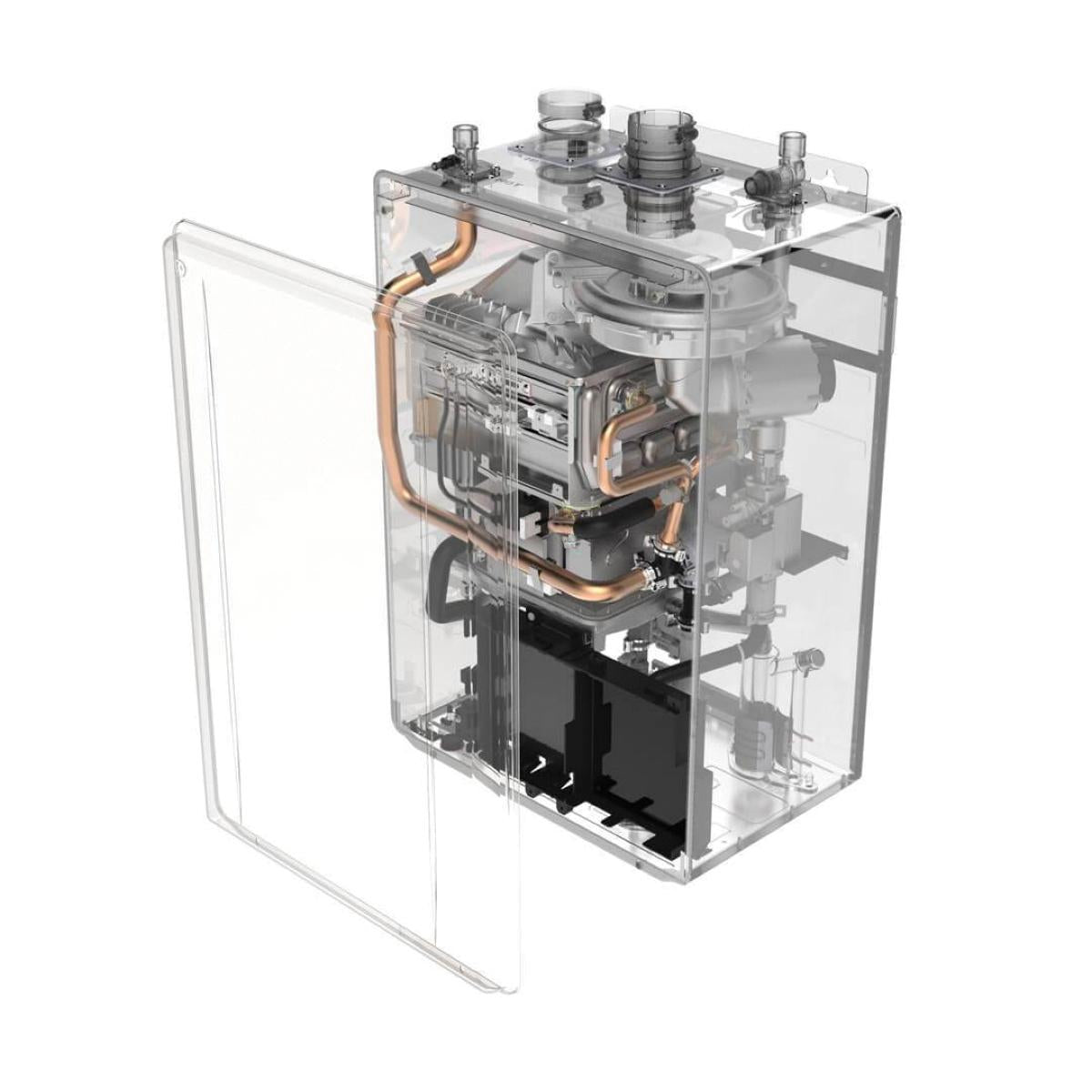 Noritz tankless water heater with clear casing showing internal components, copper piping, and burner assembly.