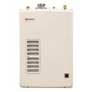 Noritz cream-colored tankless water heater with horizontal louvers, control panel, and brass connection ports on top.