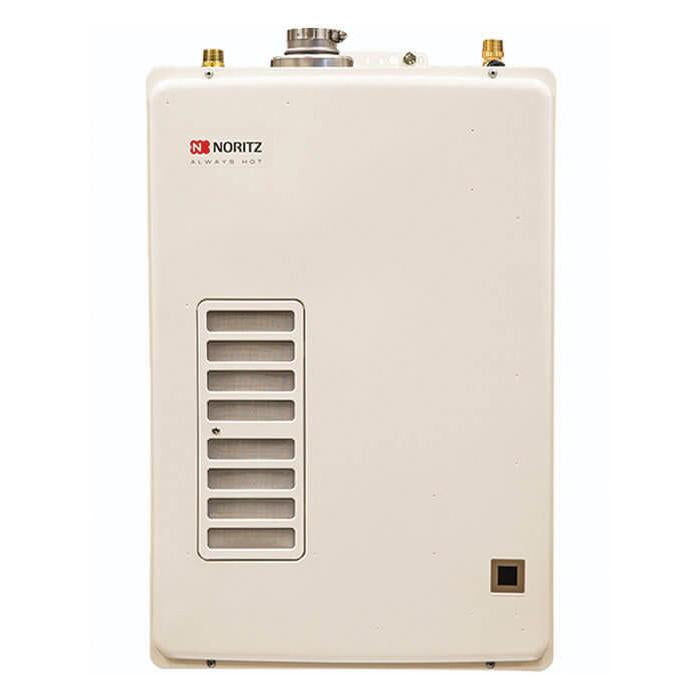 Noritz cream-colored tankless water heater with horizontal louvers, control panel, and brass connection ports on top.