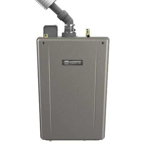 Noritz natural gas tankless water heater with gray rectangular housing and connected vent pipe.