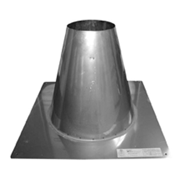 Stainless steel flat roof flashing with conical vent pipe adapter and square base plate.