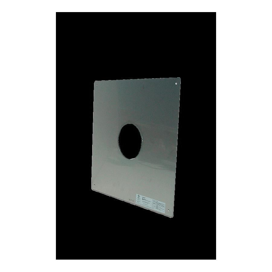 Stainless steel rectangular firestop plate with centered oval opening for 4" vent pipe installation.