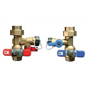 Two brass isolation valves with red and blue handles and pressure relief valve ports, shown front and back views.
