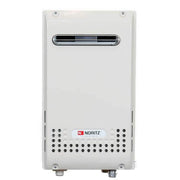 White rectangular tankless water heater with horizontal vent opening and Noritz logo on lower front panel.
