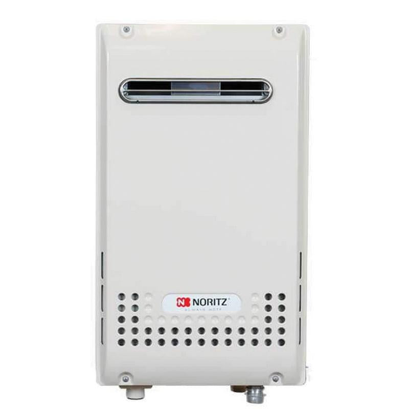 White rectangular tankless water heater with horizontal vent opening and Noritz logo on lower front panel.