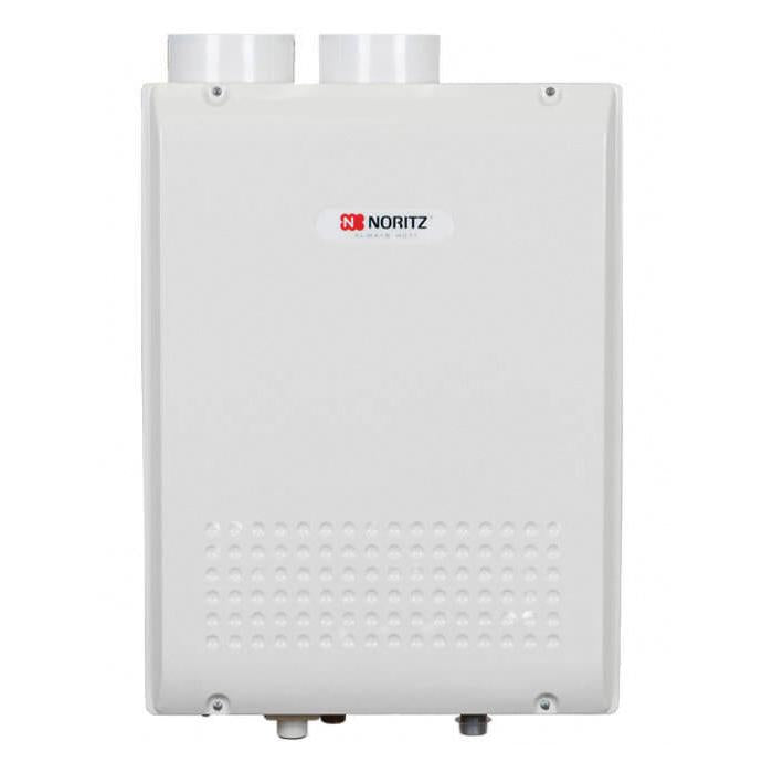 White Noritz condensing tankless water heater with dual exhaust vents and ventilation grilles on lower front panel.