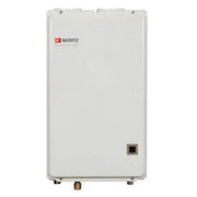 White rectangular tankless water heater with Noritz branding, digital display panel, and brass connection fitting at bottom.