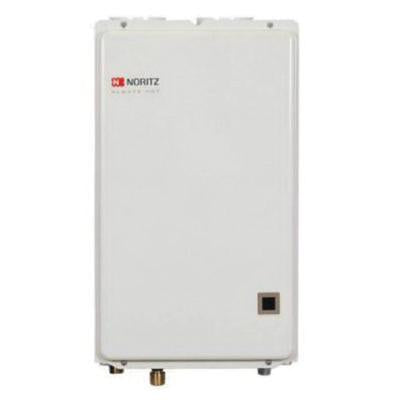 White rectangular tankless water heater with Noritz branding, digital display panel, and brass connection fitting at bottom.
