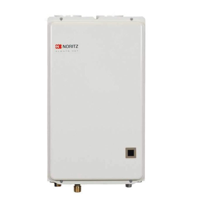 White rectangular Noritz tankless water heater unit with logo, control panel, and brass connection fitting at bottom.