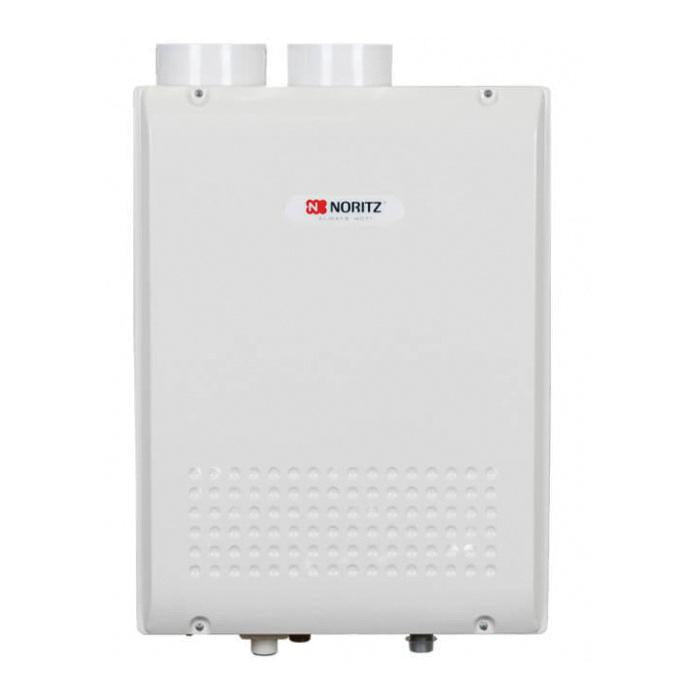 White Noritz tankless water heater unit with vent pipes on top and ventilation grilles on front panel.