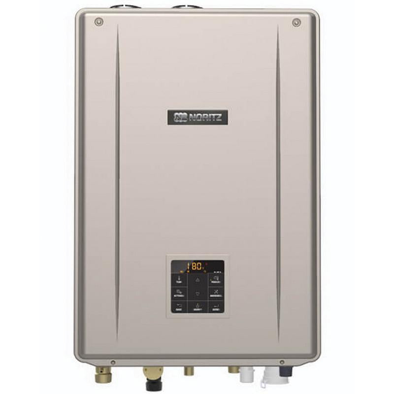 Noritz stainless steel wall-mounted gas boiler with digital control display and brass connection ports.