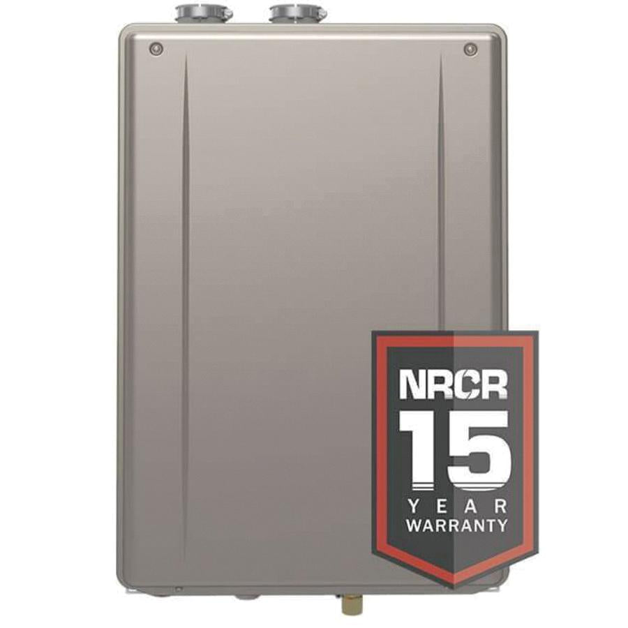 Noritz stainless steel tankless water heater with two top ports and 15-year warranty badge.