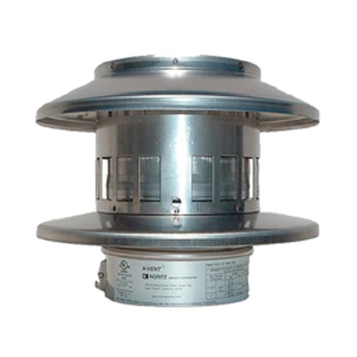 Stainless steel rain cap with wide circular top and bottom flanges, vertical cylindrical center section with ventilation slot