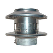Stainless steel rain cap with wide flat top and bottom, vertical cylinder body with ventilation slots, and label plate at bas