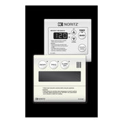 Noritz RC7651M remote controller with digital display showing temperature, power on/off button, up/down controls, and lower p