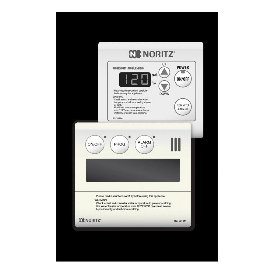 Noritz RC7651M remote controller with digital display showing temperature, power on/off button, up/down controls, and lower p