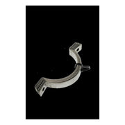 Metal support clamp with curved body and flat mounting brackets at each end against black background.
