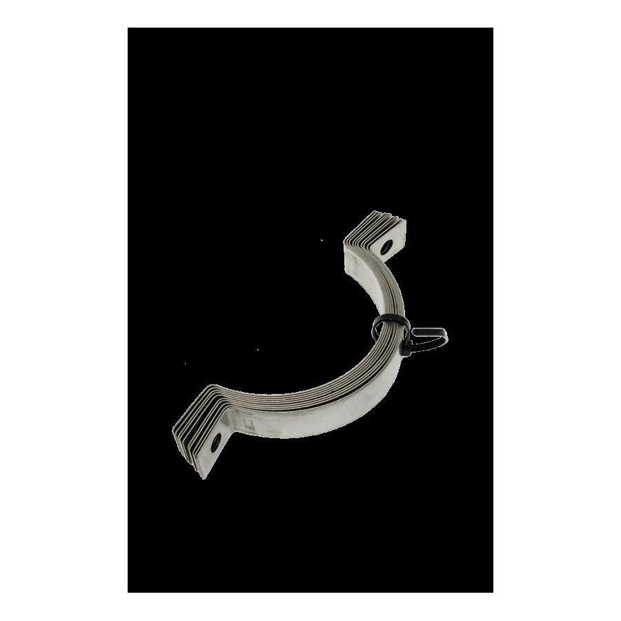 Metal support clamp with curved body and flat mounting brackets at each end against black background.