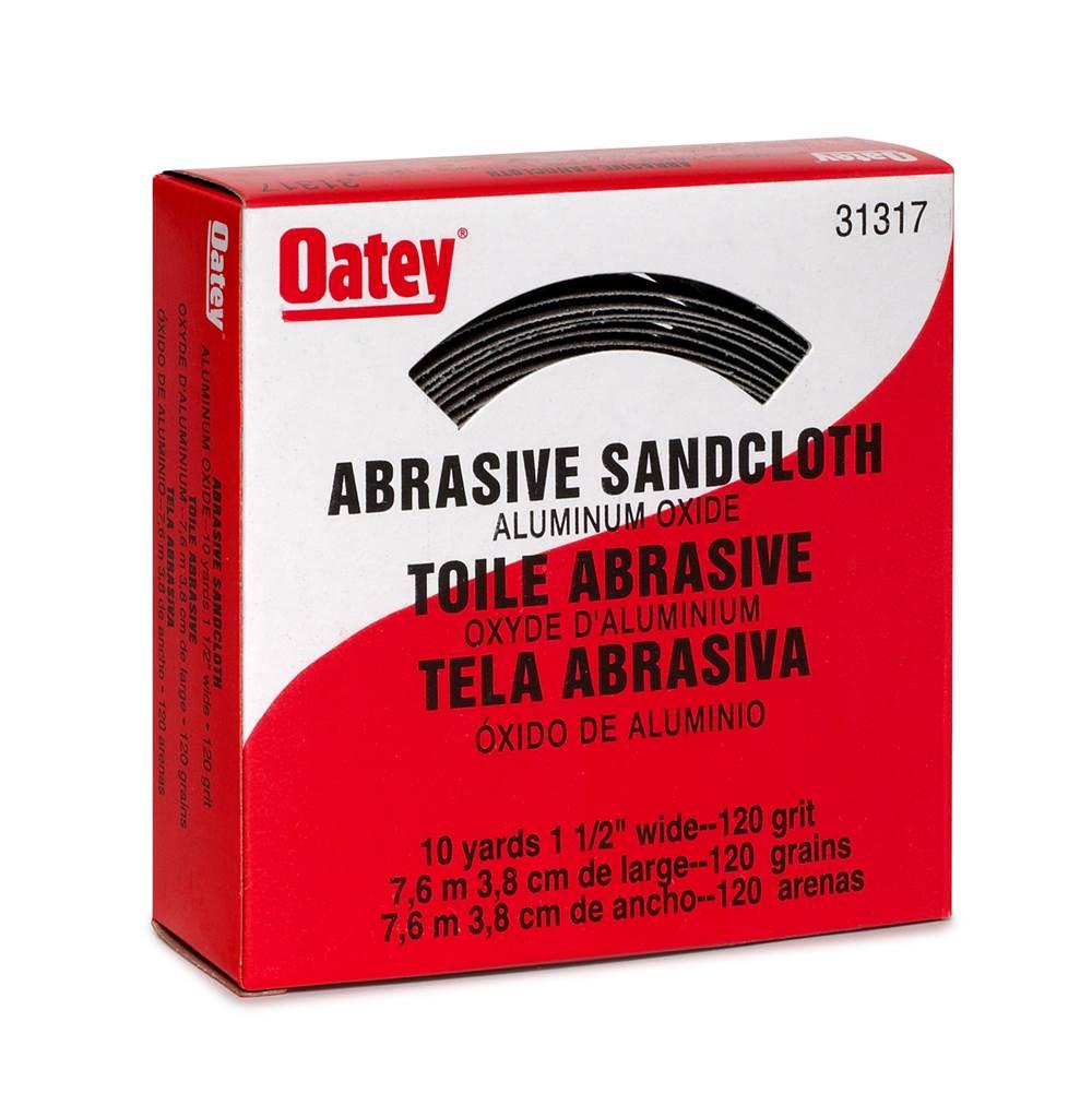 Red and white Oatey box containing coiled black abrasive sandcloth with product specifications printed on packaging.