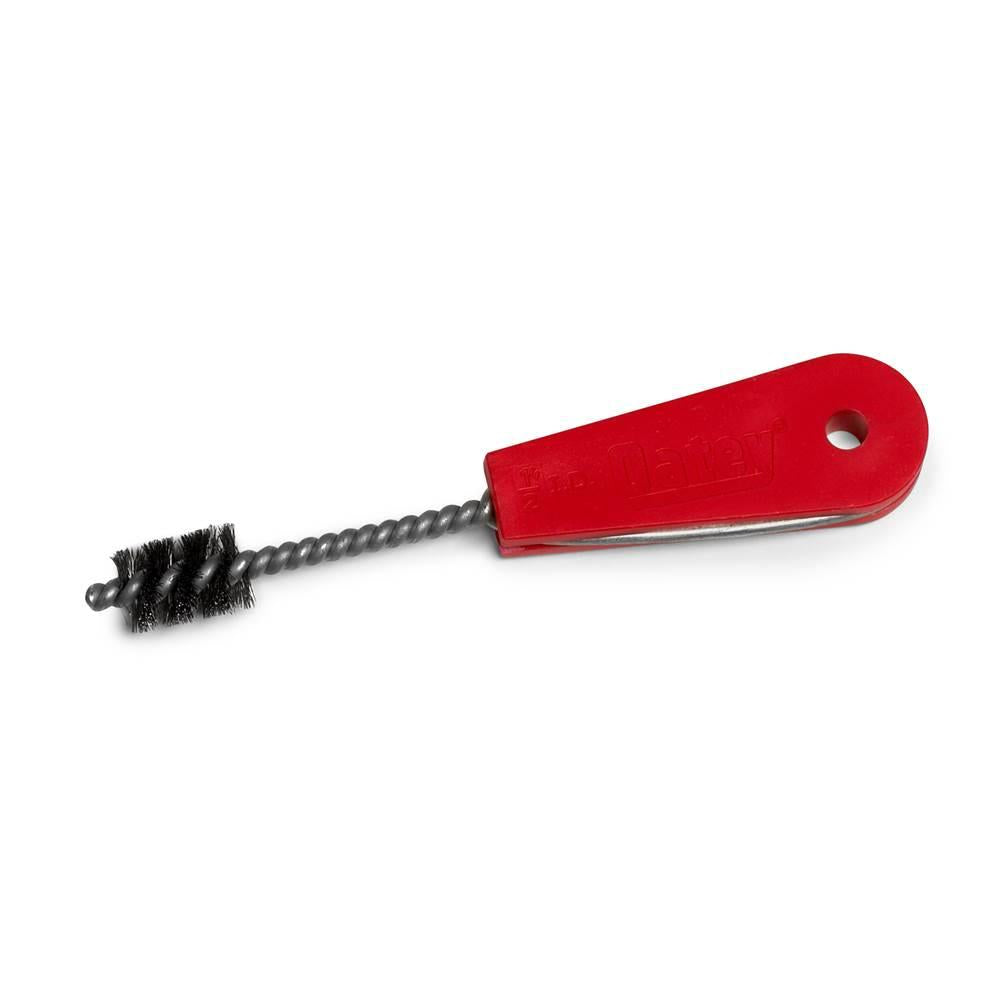 Cleaning brush with black bristles, twisted metal shaft, and red plastic handle with hanging hole.