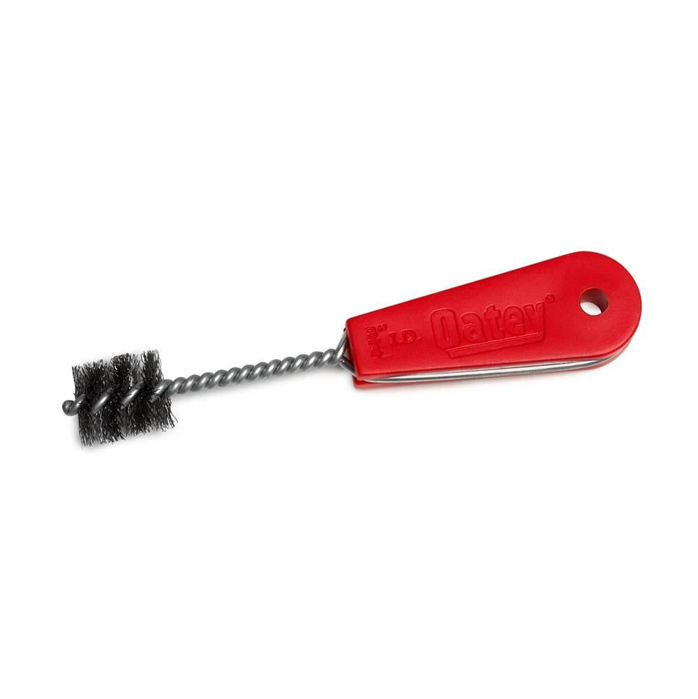 Pipe cleaning brush with black wire bristles, twisted metal shaft, and red plastic handle with hanging hole.