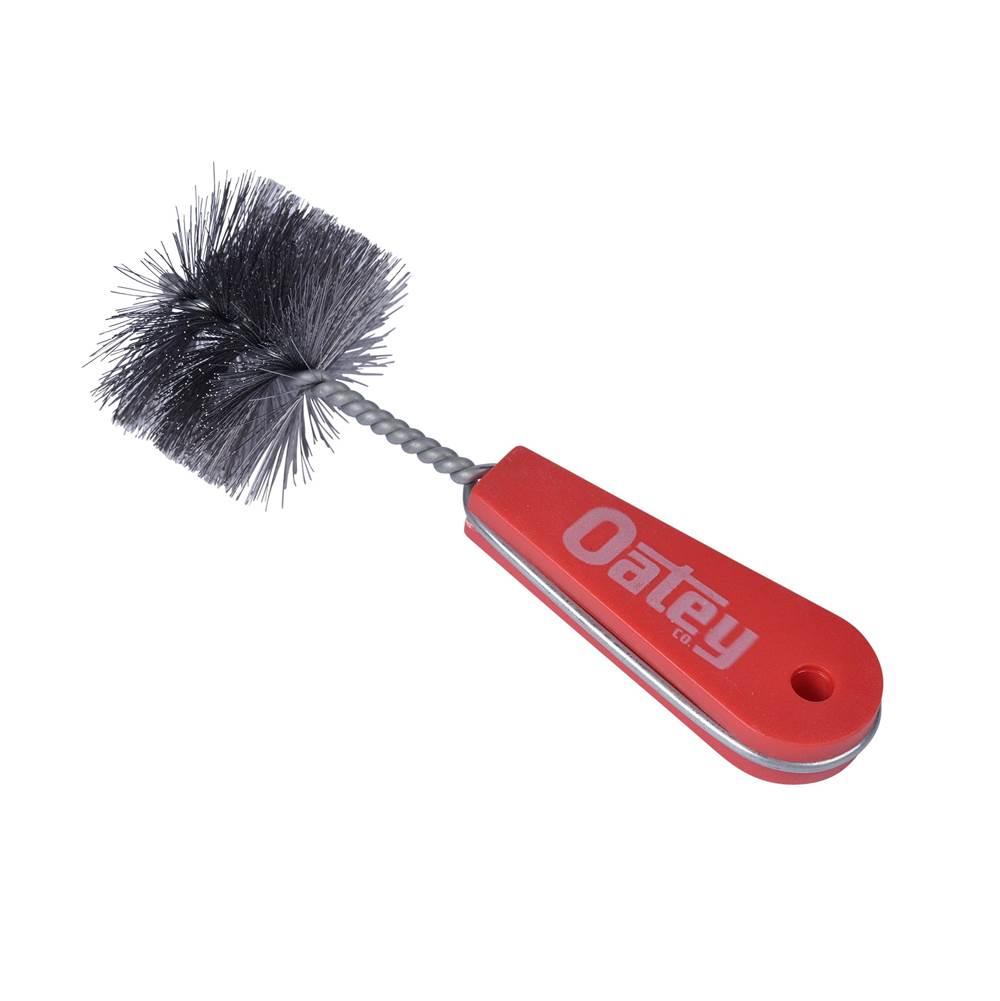 Red plastic handle brush with black nylon bristles and gray twisted shaft connector.
