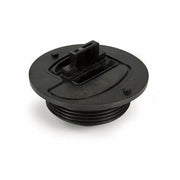 Black plastic water treatment adapter base with threaded bottom and mounting bracket on top.