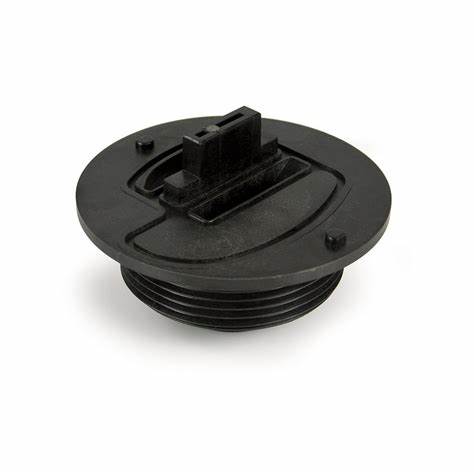 Black plastic water treatment adapter base with threaded bottom and mounting bracket on top.