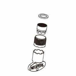 Exploded view of faucet aerator components stacked vertically showing internal parts and filter screen.