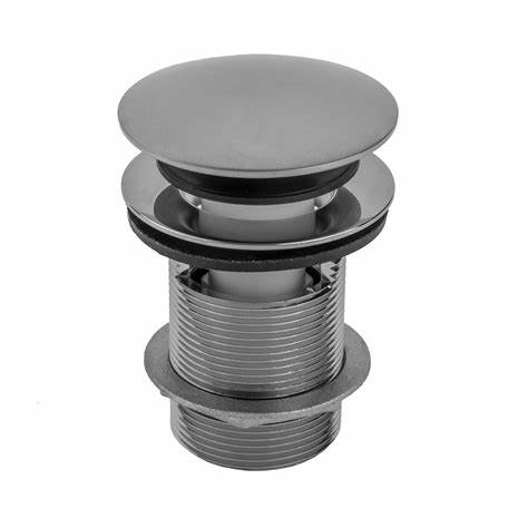 Polished chrome round drain strainer with threaded barrel, overflow ring, and flat cap top.
