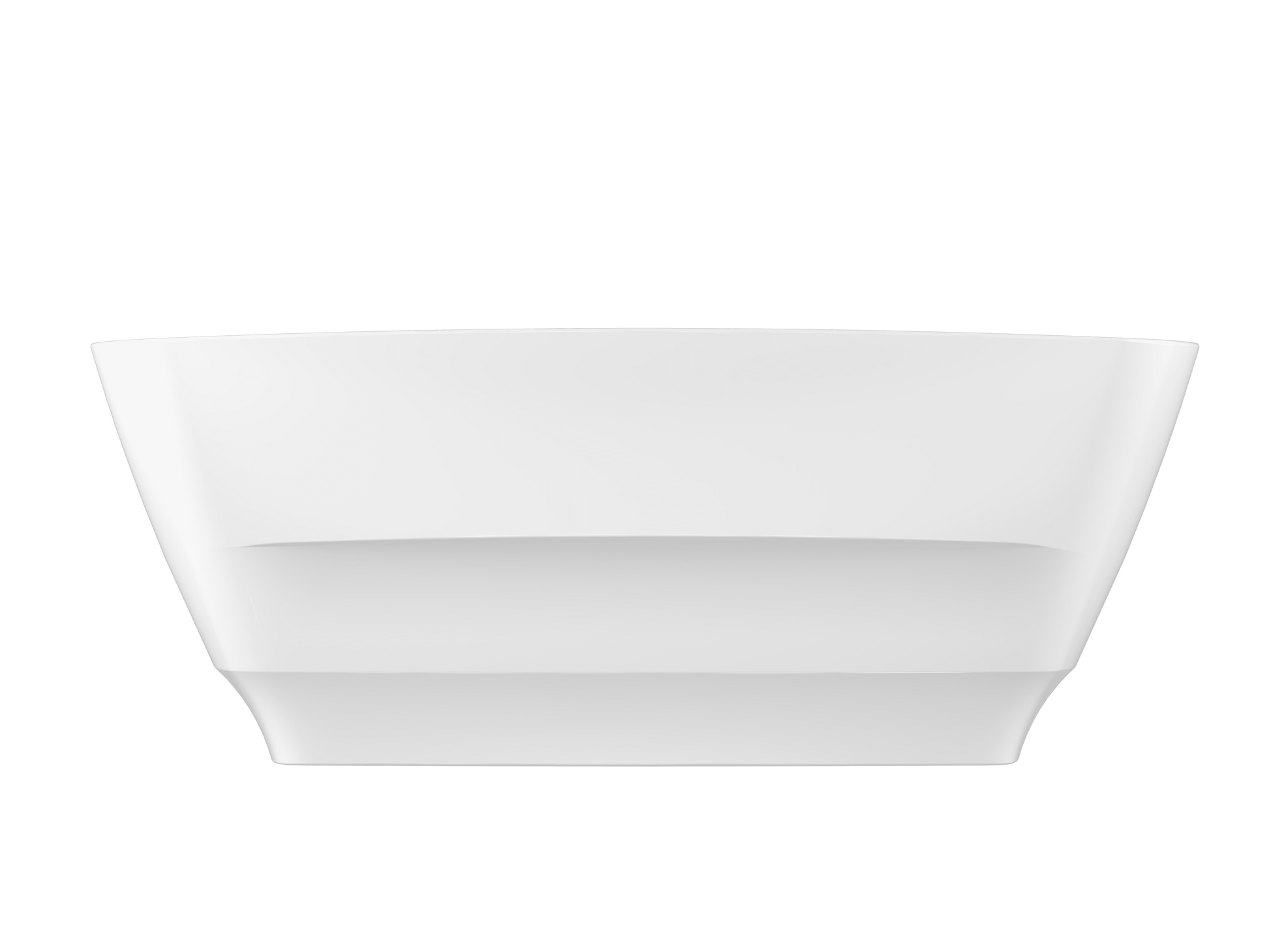 White rectangular freestanding soaker bathtub with sloped sides and interior bench seating.