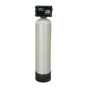 Tall cylindrical water treatment tank with fiberglass body, black control head with electronic timer display, and black base.