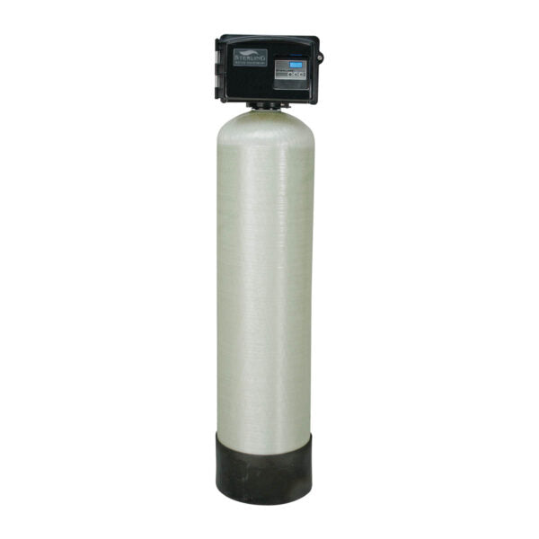 Tall cylindrical water treatment tank with fiberglass body, black control head with electronic timer display, and black base.
