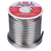 Oatey brand silver lead-free solder spool with red label and coiled metal wire.
