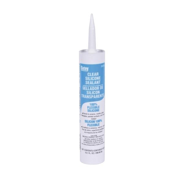 Clear silicone sealant cartridge with pointed nozzle and blue and white label.