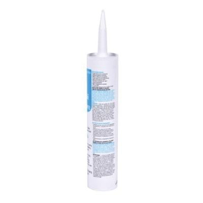 Clear silicone sealant cartridge with pointed dispensing nozzle and blue product label.