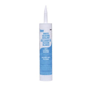 White silicone sealant cartridge with blue label and pointed applicator nozzle.