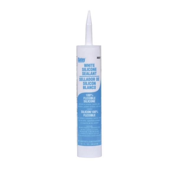 White silicone sealant cartridge with blue label and pointed applicator nozzle.