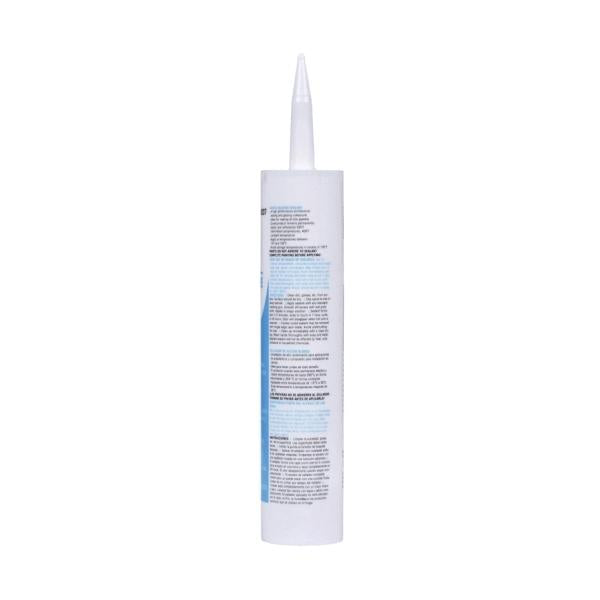 White silicone sealant cartridge with pointed tip applicator and product instructions on label.