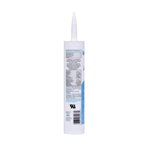 White silicone sealant cartridge with pointed applicator tip and product label.