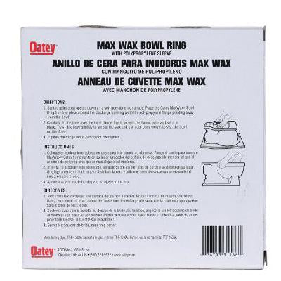 Oatey Max Wax Bowl Ring with polypropylene sleeve and bilingual instruction packaging.