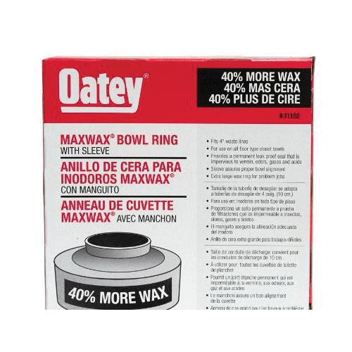 Oatey Maxwax jumbo wax ring with sleeve in red and white packaging showing product features.