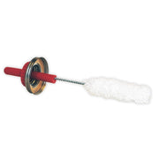 Red and brass applicator swab with white fluffy cotton head and spiral wire handle.
