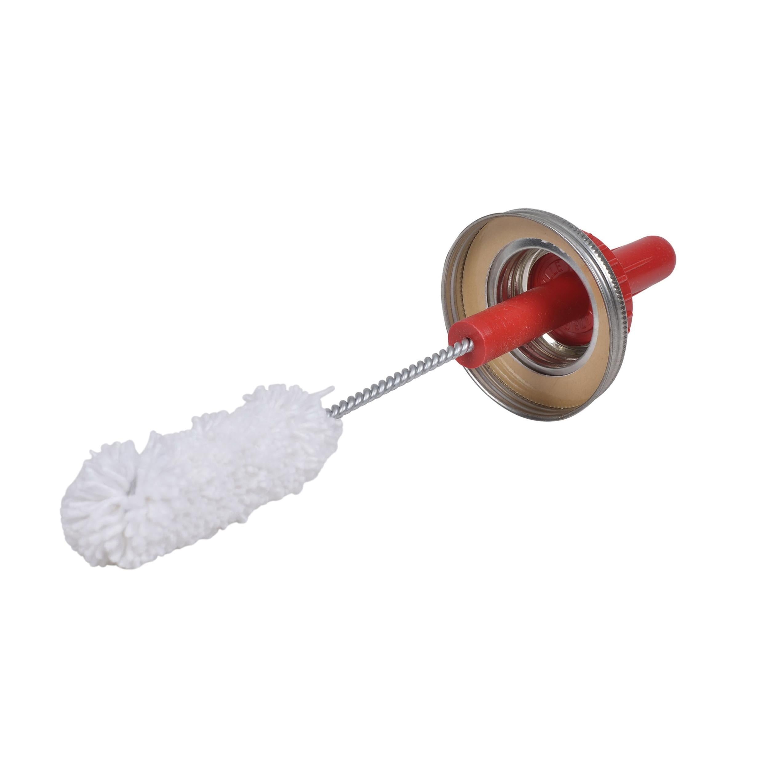 Applicator swab with red handle, metal collar, spiral wire shaft, and white fluffy brush head.