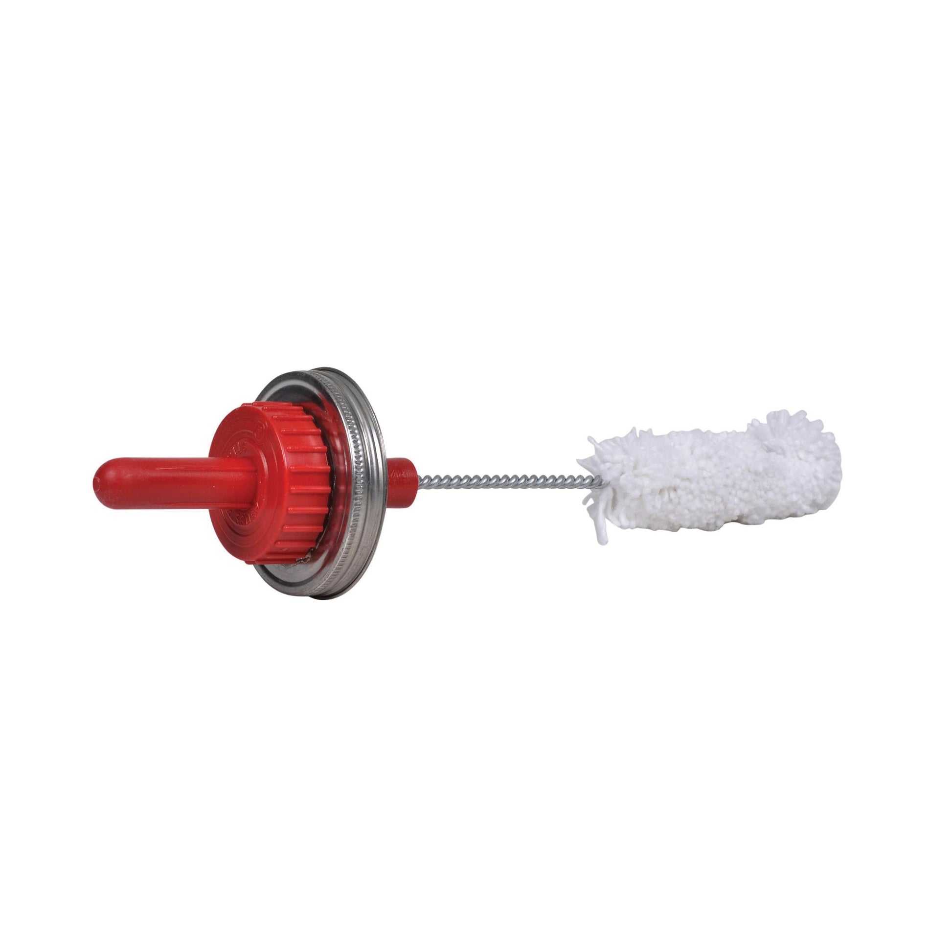 Red applicator swab with white fuzzy head and coiled metal shaft connected to red pump handle.
