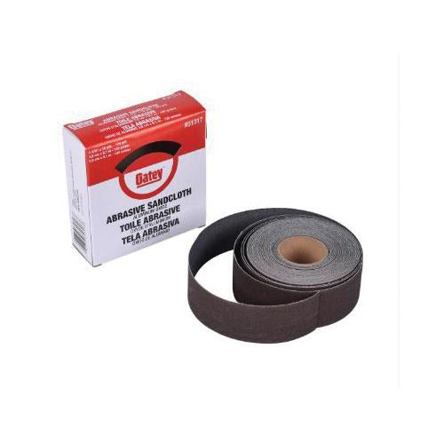 Oatey brand abrasive sand cloth roll in dark gray with red and white packaging box displayed beside it.