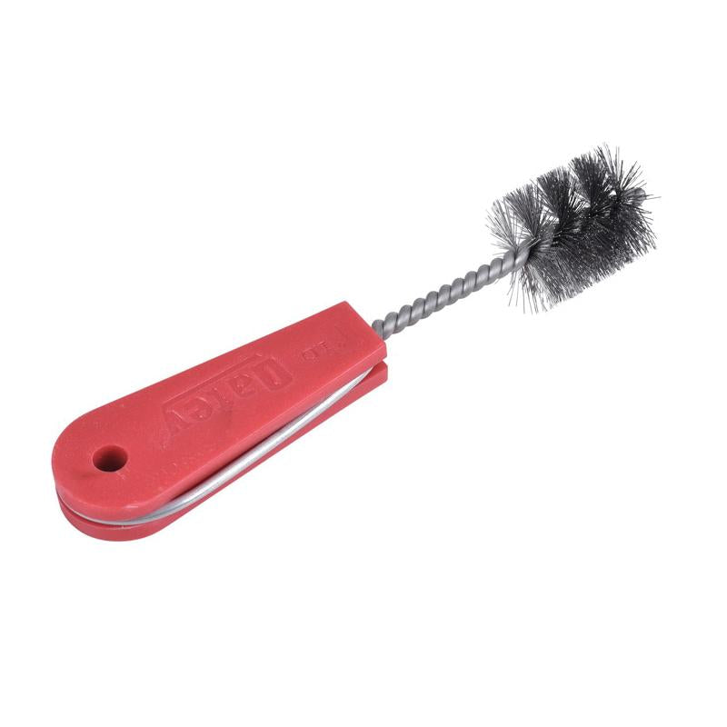 Red cleaning brush with black bristles, gray twisted handle, and hanging hole in the rectangular head.
