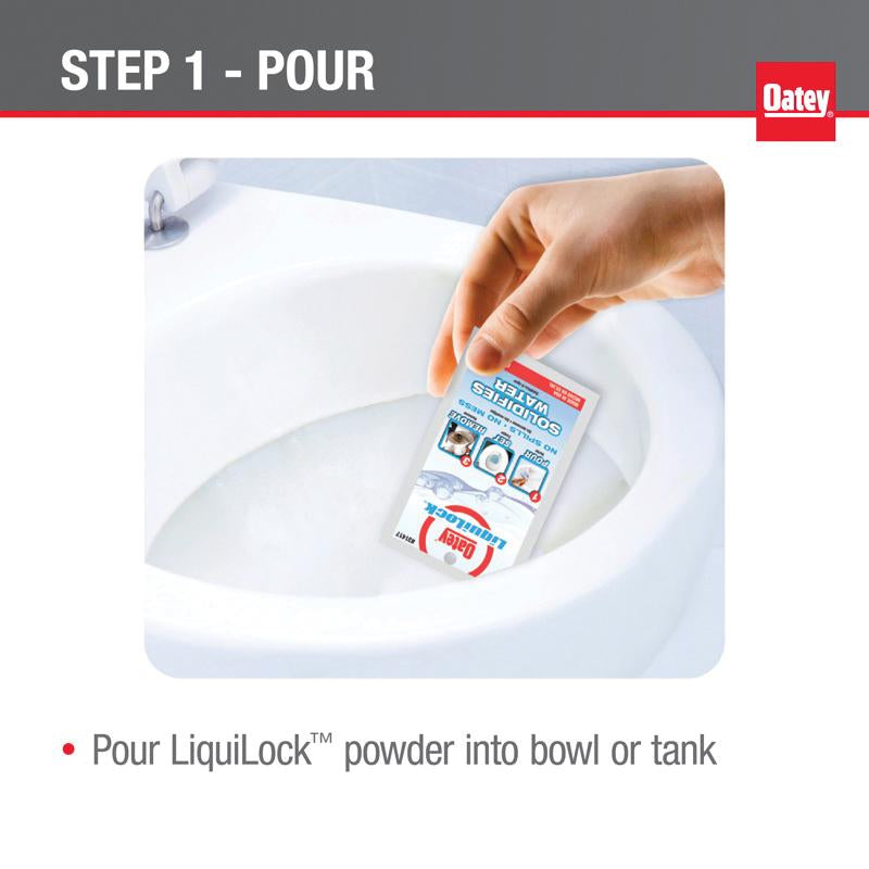 Hand pouring Oatey Liquilock gel packet into white toilet bowl with instruction text "Step 1 - Pour" displayed above.